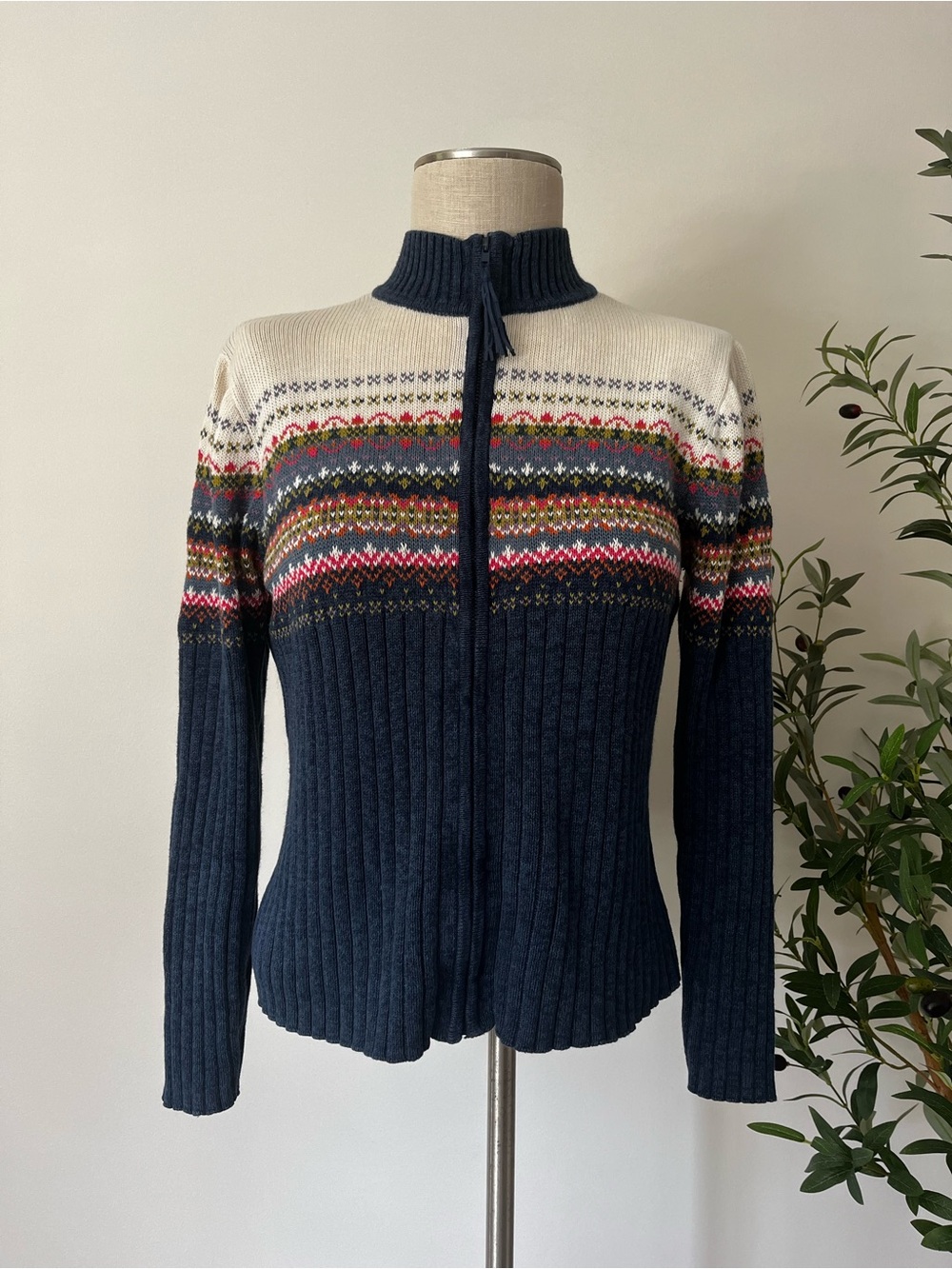 Vintage Navy Fair Isle Zip-Up Women's Sweater
